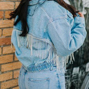 Free People Comet Denim Bomber Jacket with Rhinestone Fringe